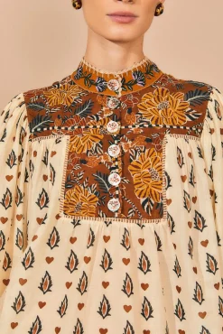 FARM Rio BEIGE AINIKA FLORAL LONG SLEEVE BLOUSE