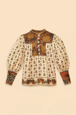 FARM Rio BEIGE AINIKA FLORAL LONG SLEEVE BLOUSE
