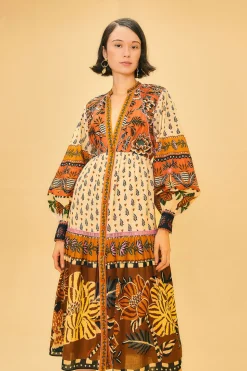 FARM Rio BEIGE AINIKA FLORAL V NECK MIDI DRESS