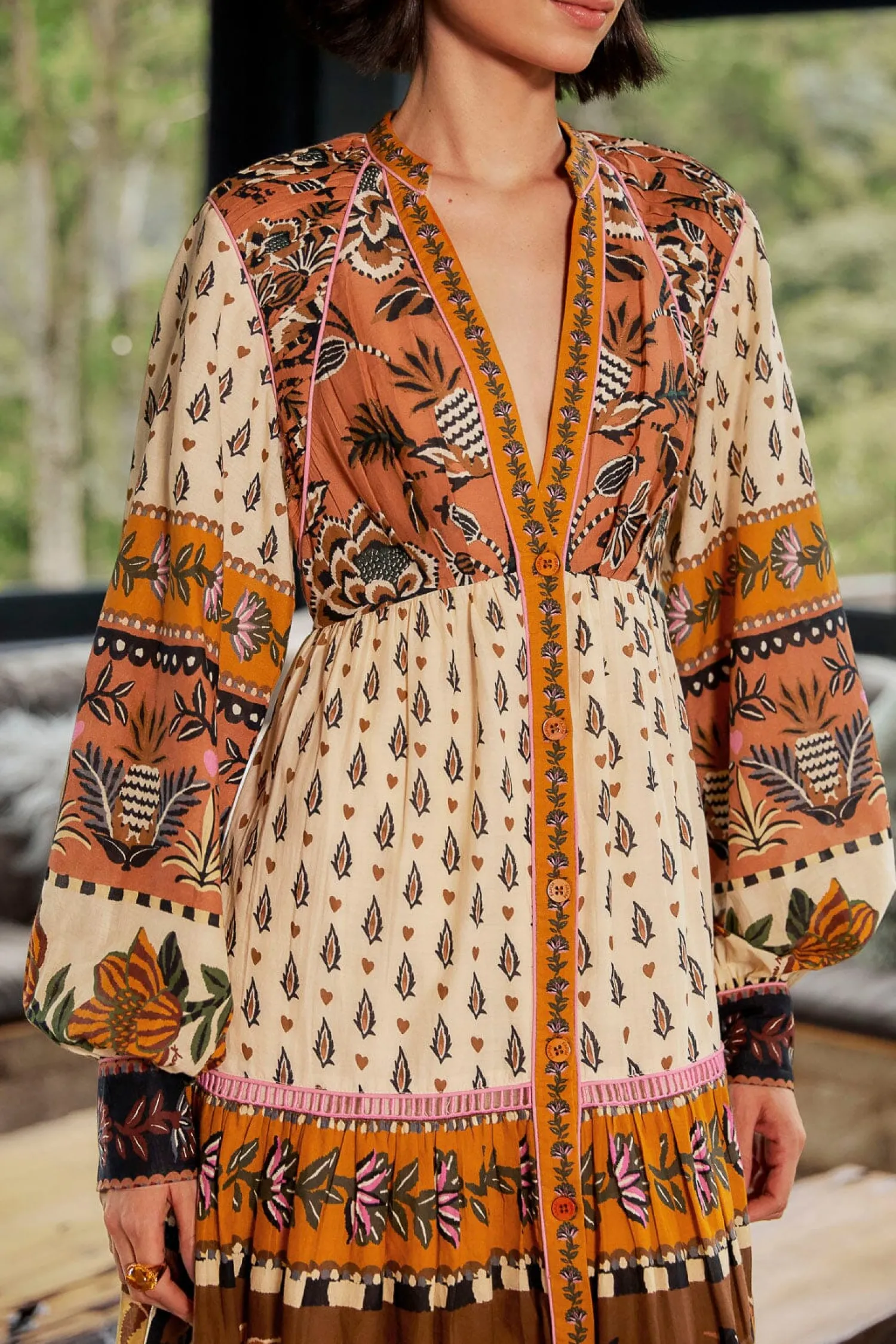 FARM Rio BEIGE AINIKA FLORAL V NECK MIDI DRESS