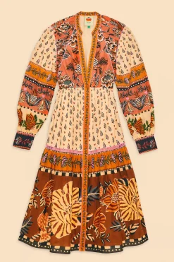 FARM Rio BEIGE AINIKA FLORAL V NECK MIDI DRESS