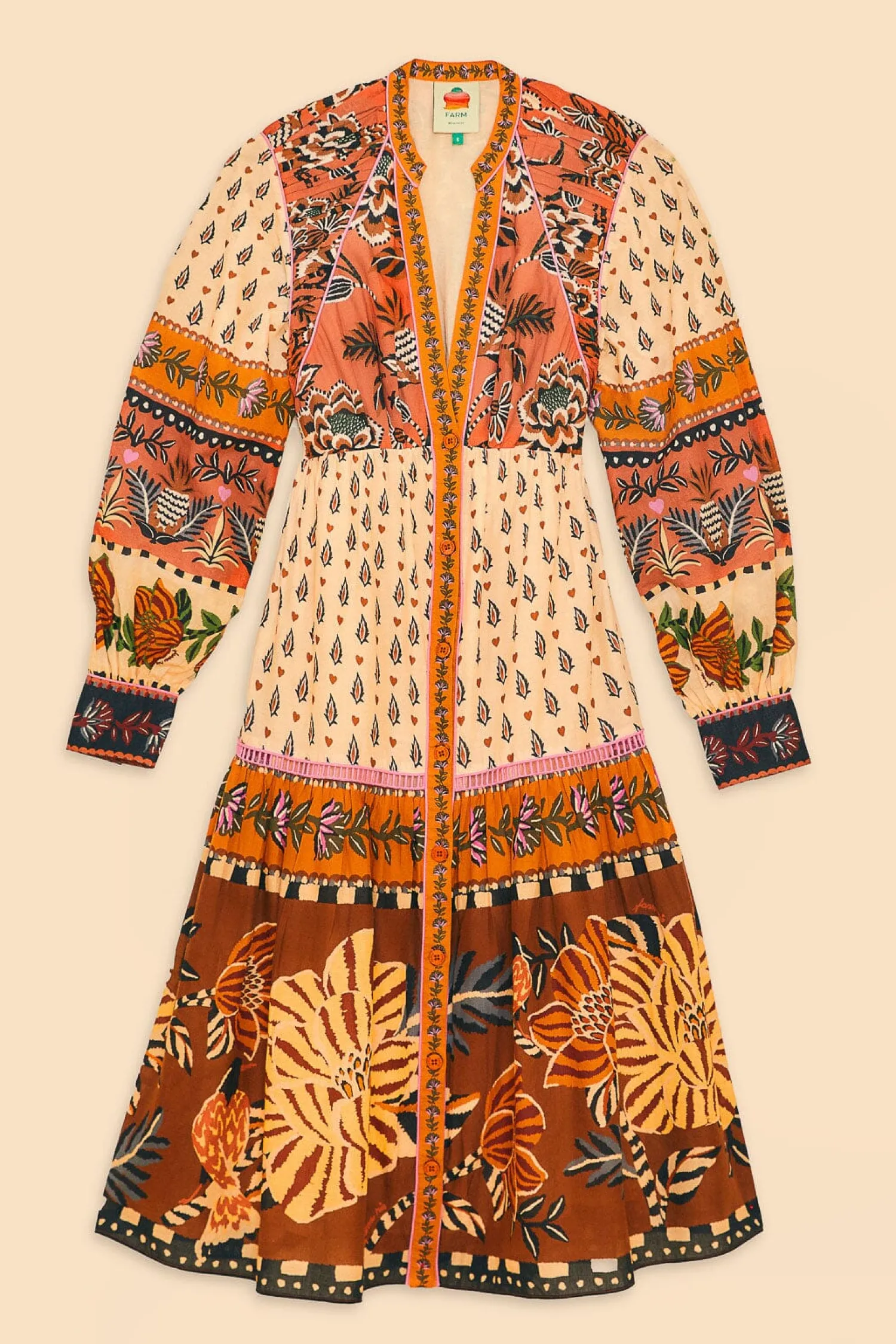 FARM Rio BEIGE AINIKA FLORAL V NECK MIDI DRESS