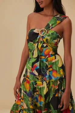 FARM Rio  BIRD LEAVES SAND ONE SHOULDER MAXI DRESS