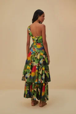 FARM Rio  BIRD LEAVES SAND ONE SHOULDER MAXI DRESS
