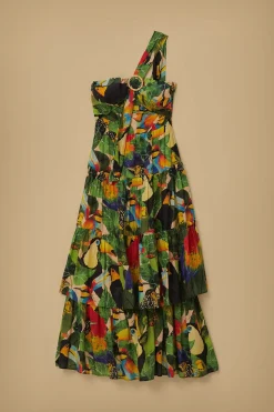 FARM Rio  BIRD LEAVES SAND ONE SHOULDER MAXI DRESS