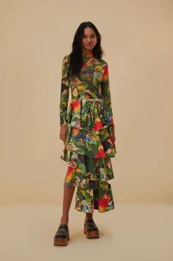 FARM Rio BIRD LEAVES SAND TIERED BOW DETAIL MAXI SKIRT