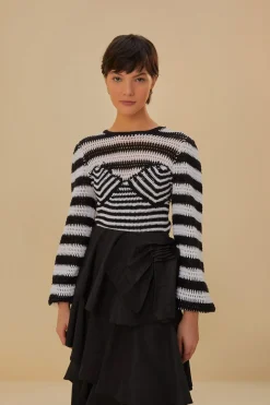 FARM Rio BLACK AND WHITE STRIPES CROCHET BLOUSE