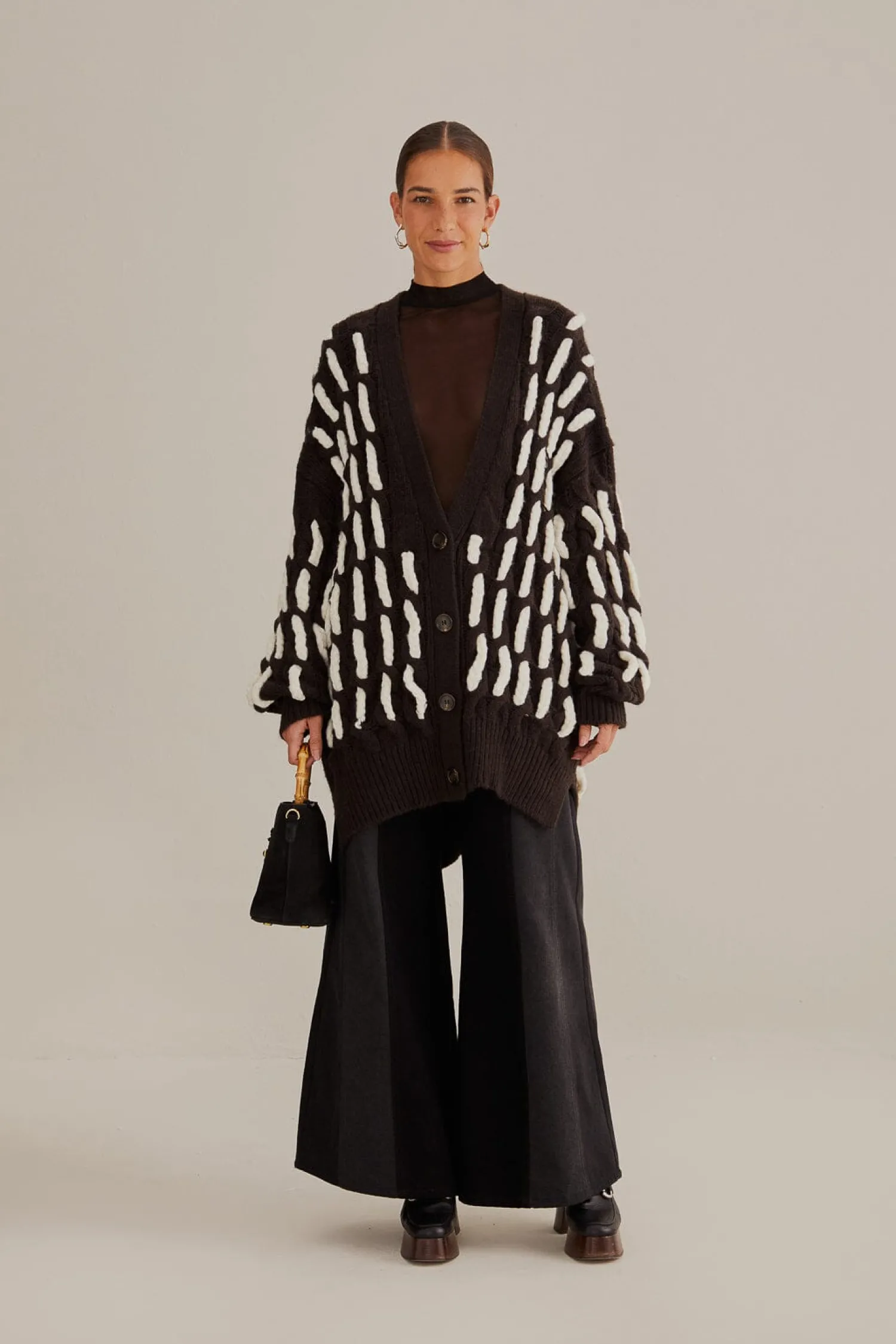 FARM Rio BLACK AND WHITE TEXTURED KNIT CARDIGAN
