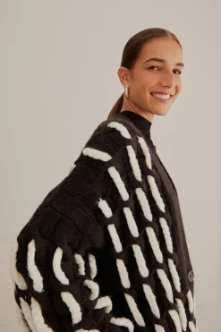 FARM Rio BLACK AND WHITE TEXTURED KNIT CARDIGAN