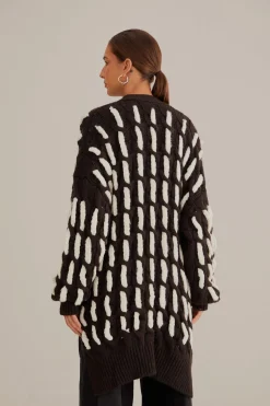 FARM Rio BLACK AND WHITE TEXTURED KNIT CARDIGAN