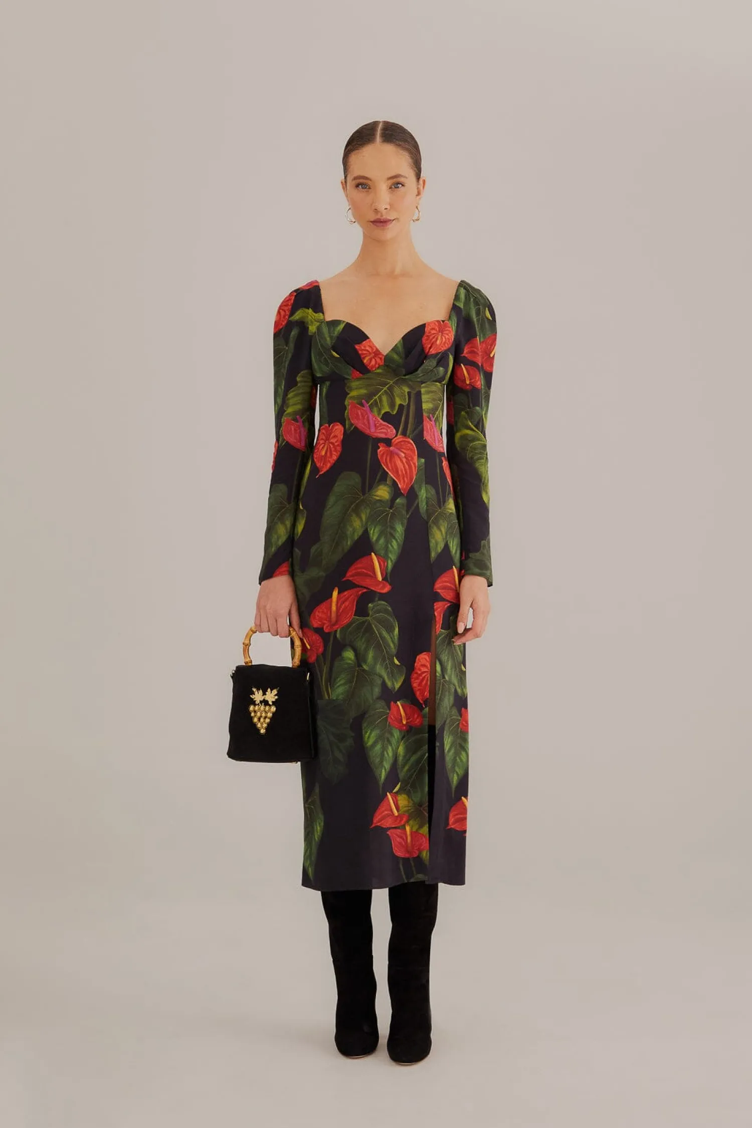 FARM Rio BLACK ANTHURIUM SLIT MIDI DRESS