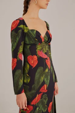FARM Rio BLACK ANTHURIUM SLIT MIDI DRESS