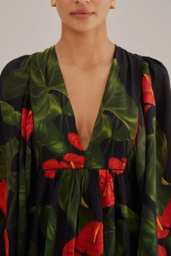 FARM Rio BLACK ANTHURIUM V NECK MAXI DRESS
