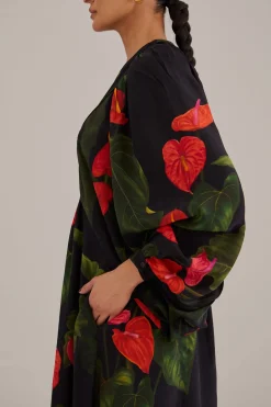 FARM Rio BLACK ANTHURIUM V NECK MAXI DRESS