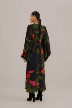 FARM Rio BLACK ANTHURIUM V NECK MAXI DRESS