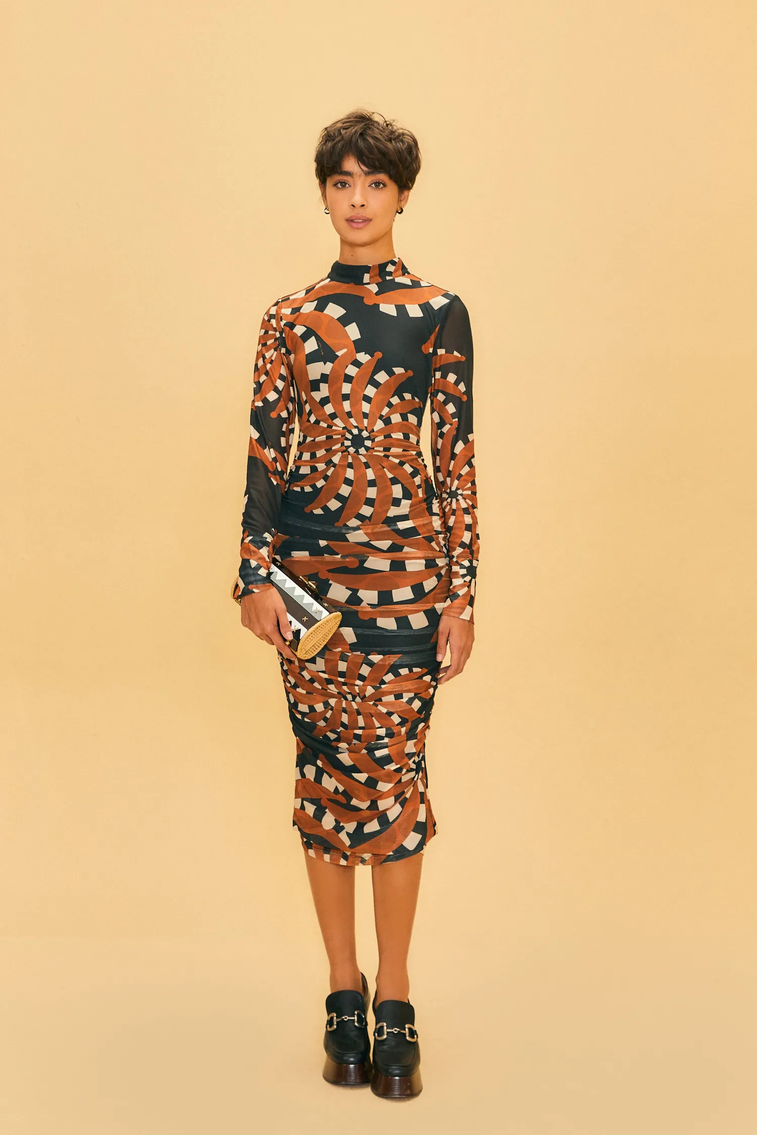 FARM Rio BLACK BANANADA DARK TULLE MIDI DRESS