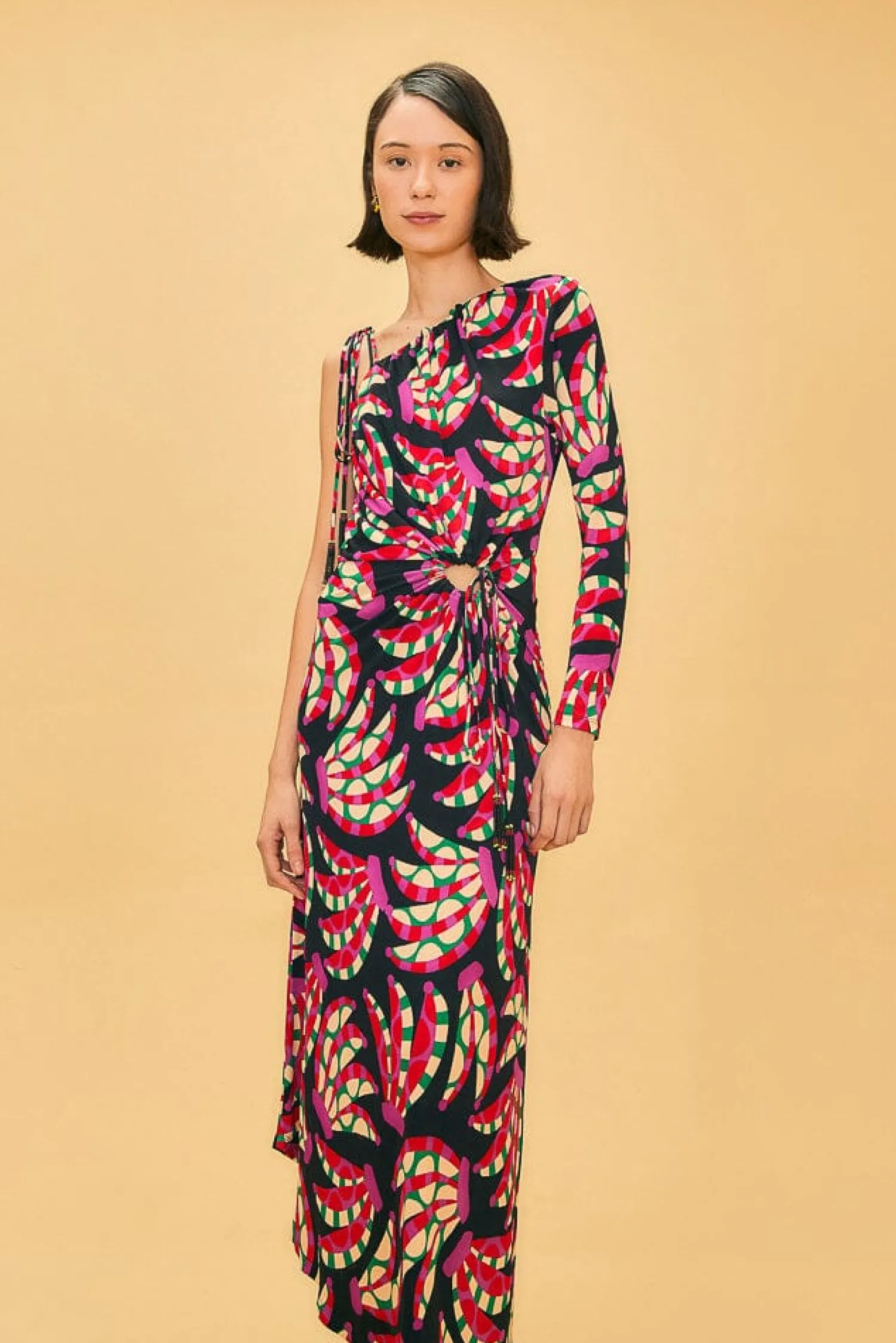 FARM Rio BLACK BANANA DOTS ONE SHOULDER MIDI DRESS