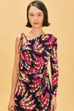 FARM Rio BLACK BANANA DOTS ONE SHOULDER MIDI DRESS