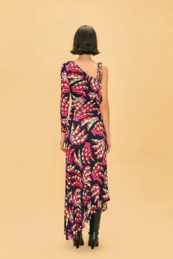 FARM Rio BLACK BANANA DOTS ONE SHOULDER MIDI DRESS
