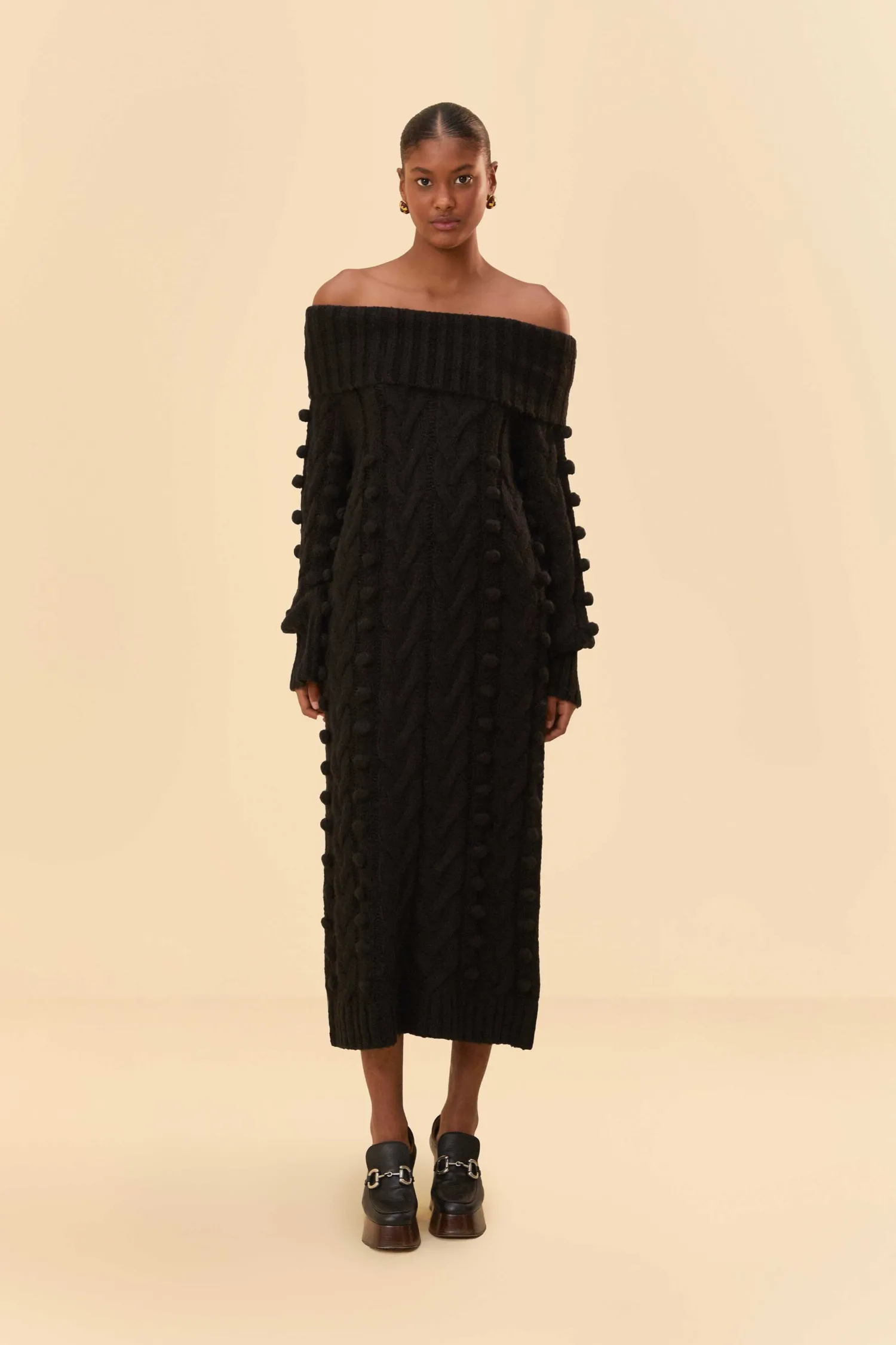 FARM Rio BLACK BRAIDED MIDI SWEATER DRESS