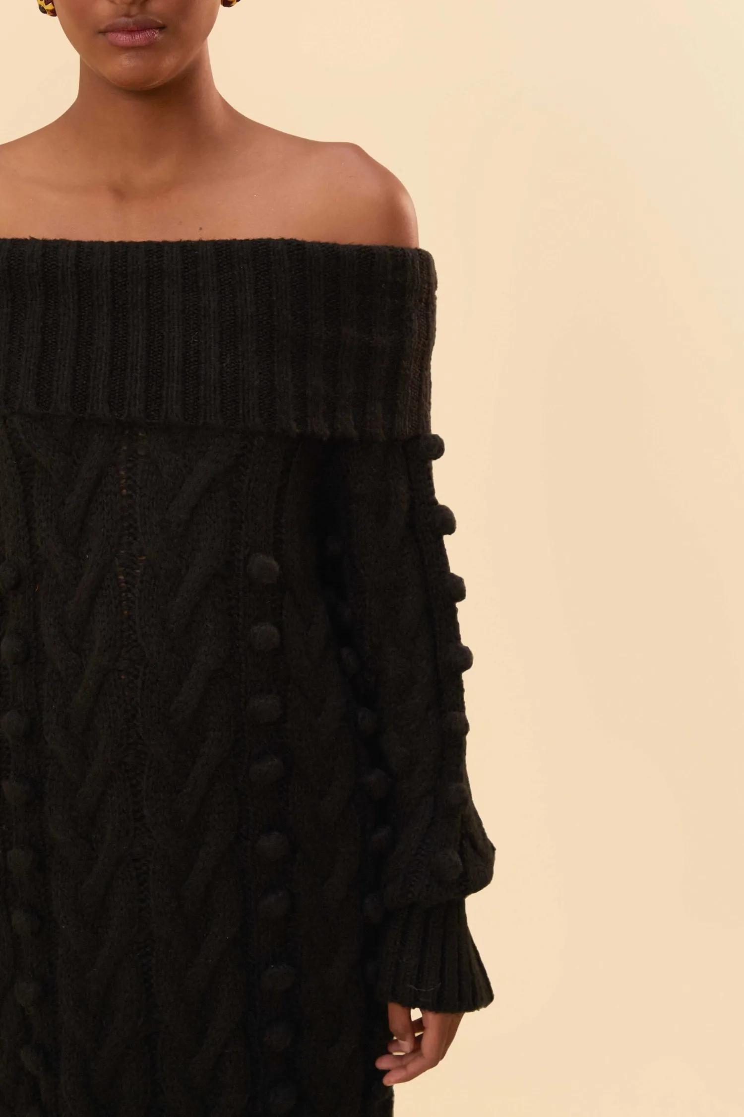 FARM Rio BLACK BRAIDED MIDI SWEATER DRESS