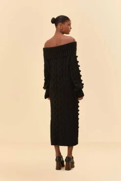 FARM Rio BLACK BRAIDED MIDI SWEATER DRESS