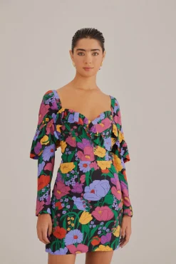 FARM Rio BLACK BUCOLIC GARDEN LONG SLEEVE MINI DRESS