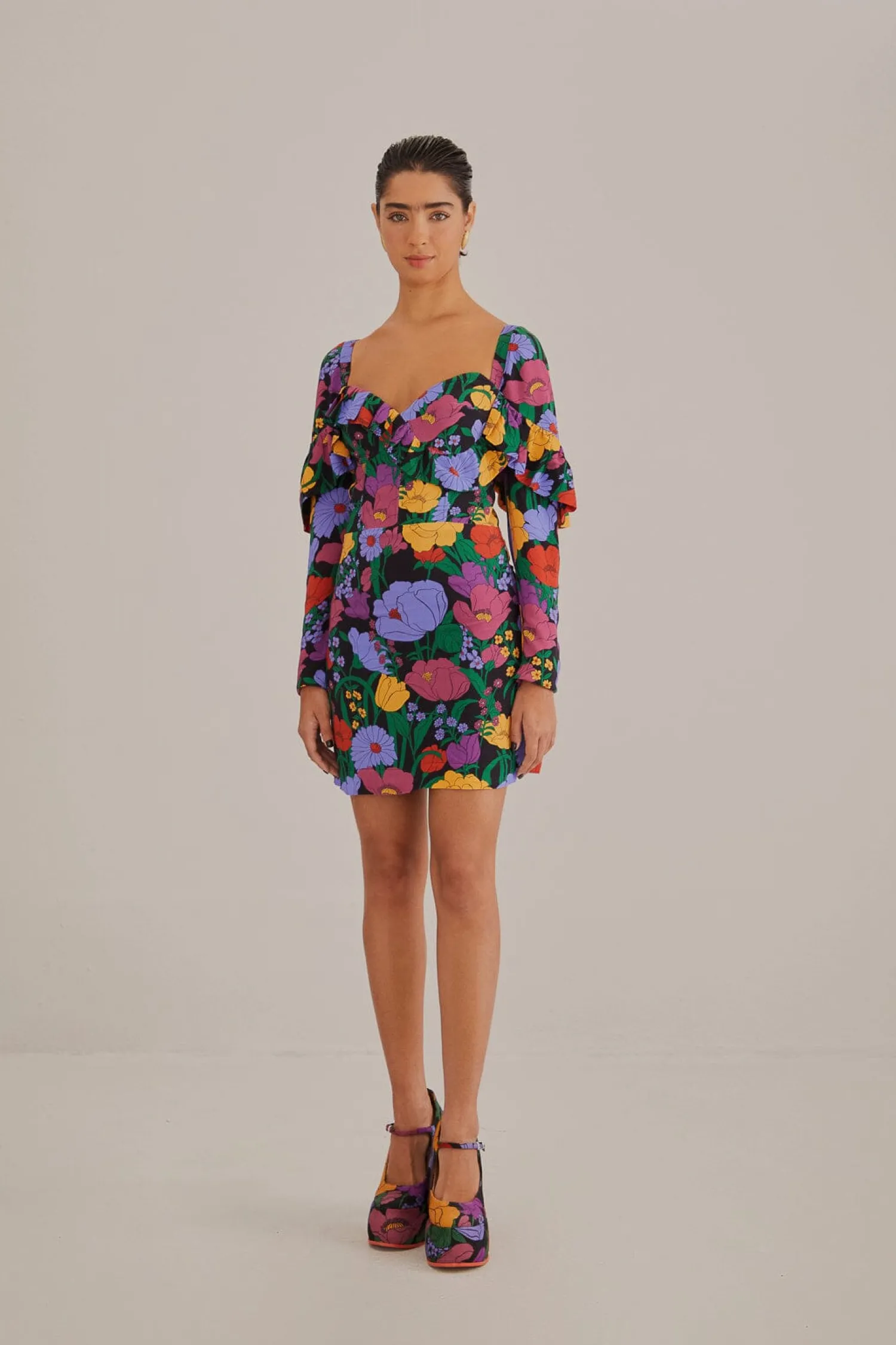 FARM Rio BLACK BUCOLIC GARDEN LONG SLEEVE MINI DRESS