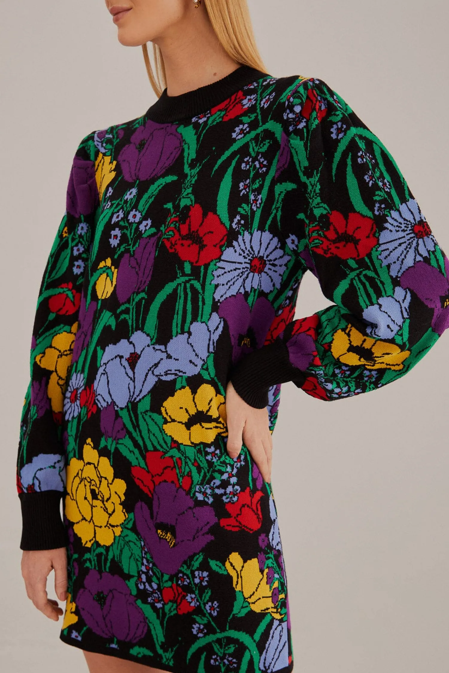 FARM Rio BLACK BUCOLIC GARDEN SWEATER DRESS
