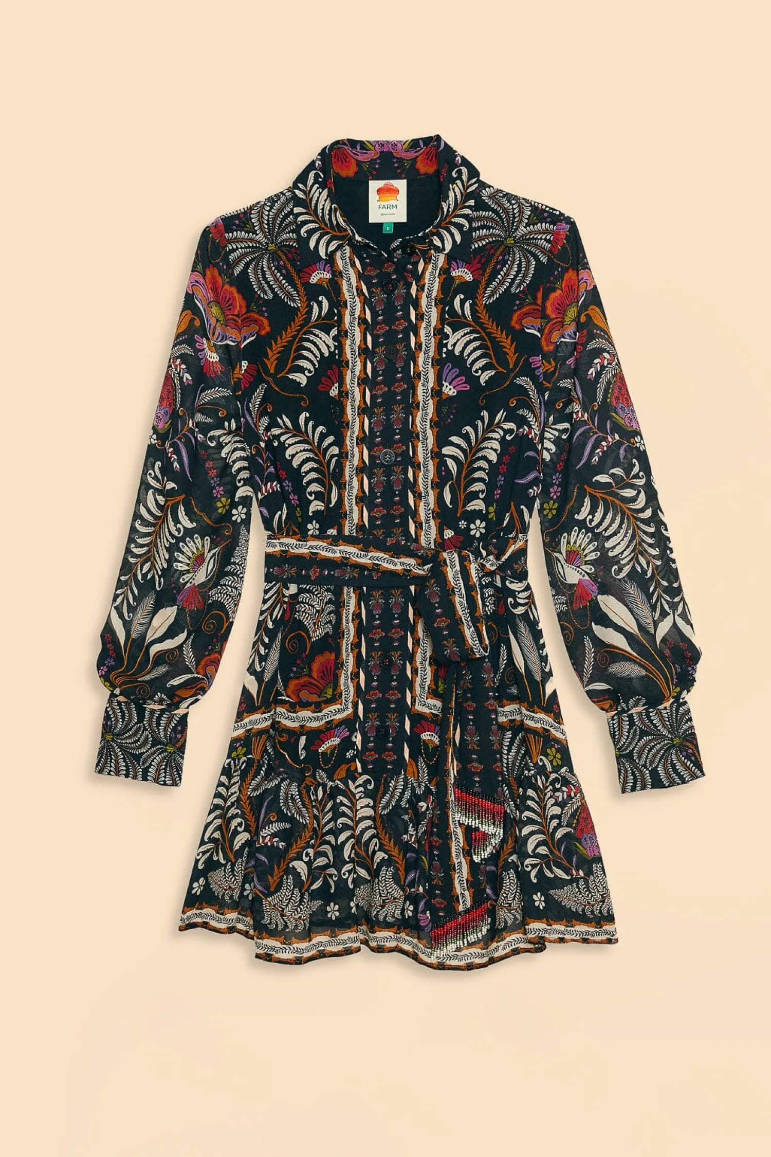 FARM Rio BLACK CLASSIC GARDEN LONG SLEEVE MINI DRESS