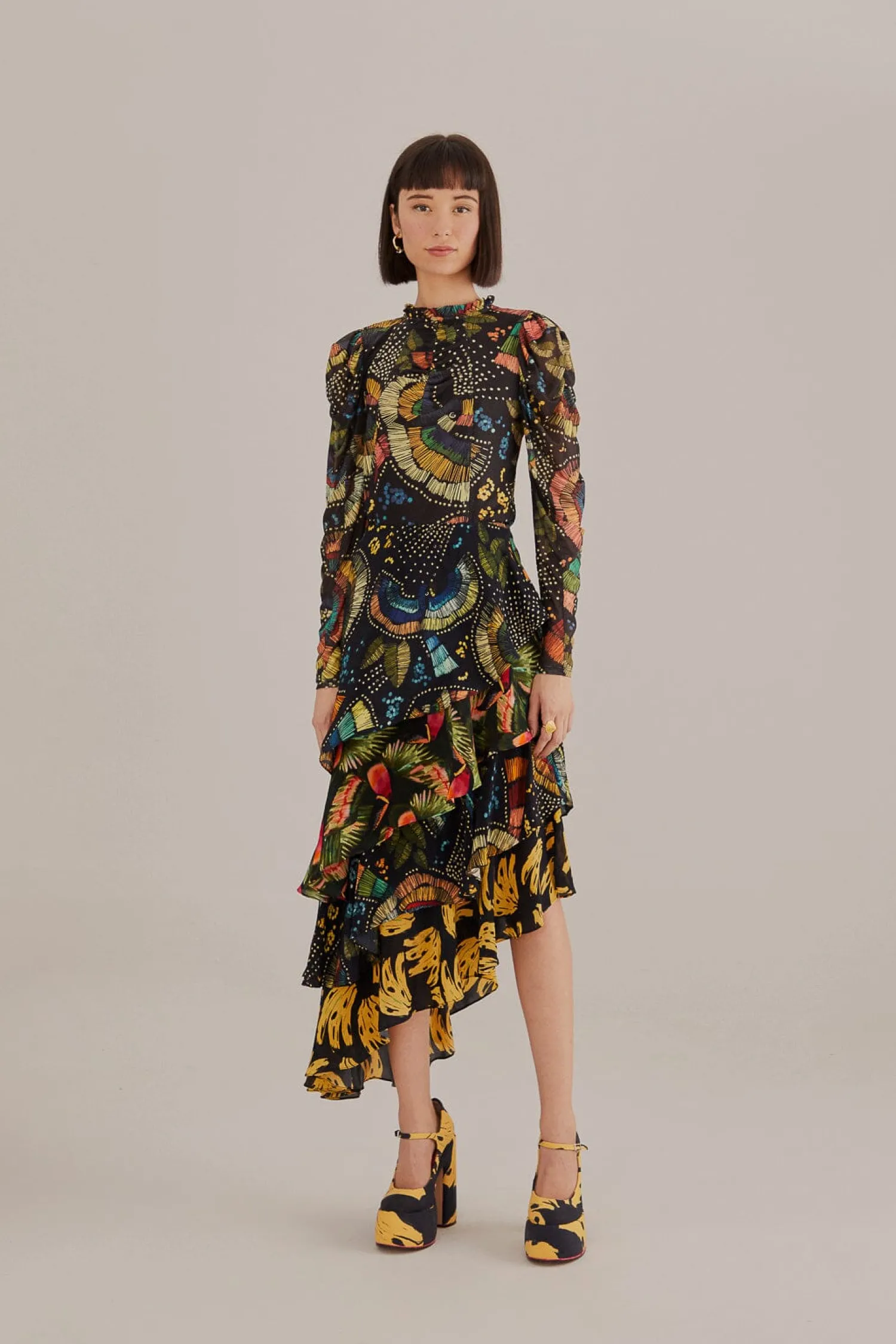 FARM Rio BLACK COLORFUL BIRDS TULLE BLOUSE