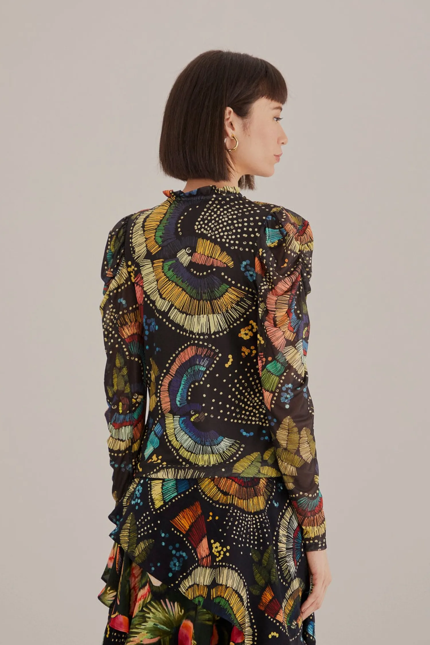 FARM Rio BLACK COLORFUL BIRDS TULLE BLOUSE