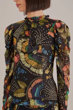 FARM Rio BLACK COLORFUL BIRDS TULLE BLOUSE