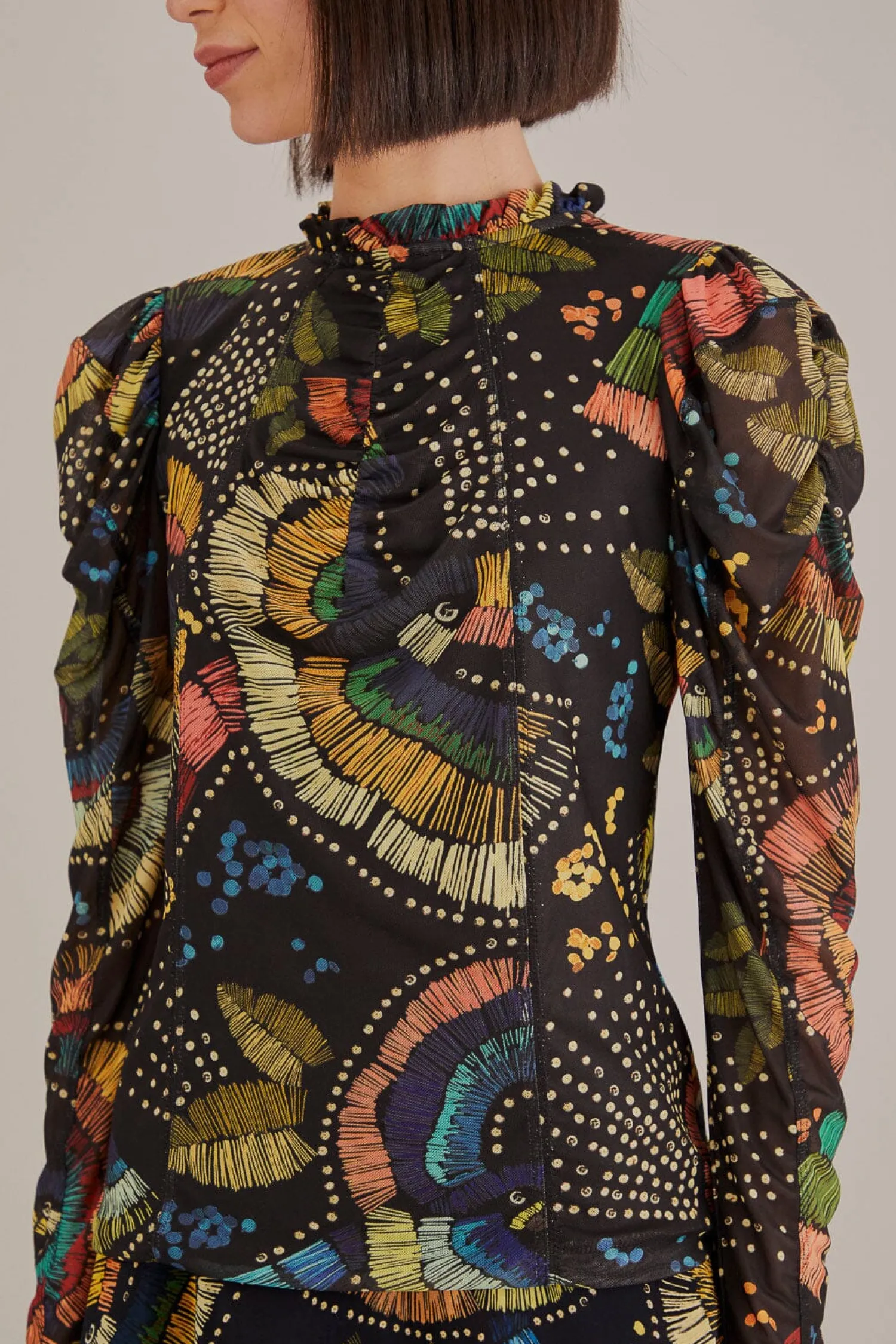 FARM Rio BLACK COLORFUL BIRDS TULLE BLOUSE