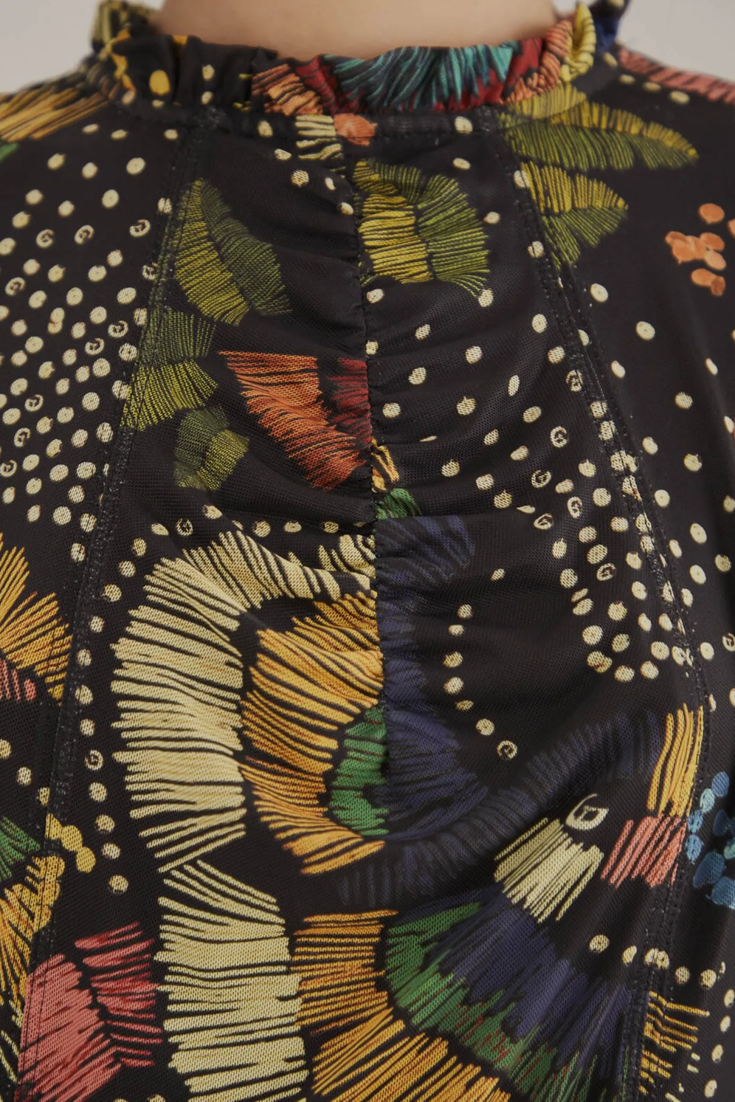 FARM Rio BLACK COLORFUL BIRDS TULLE BLOUSE