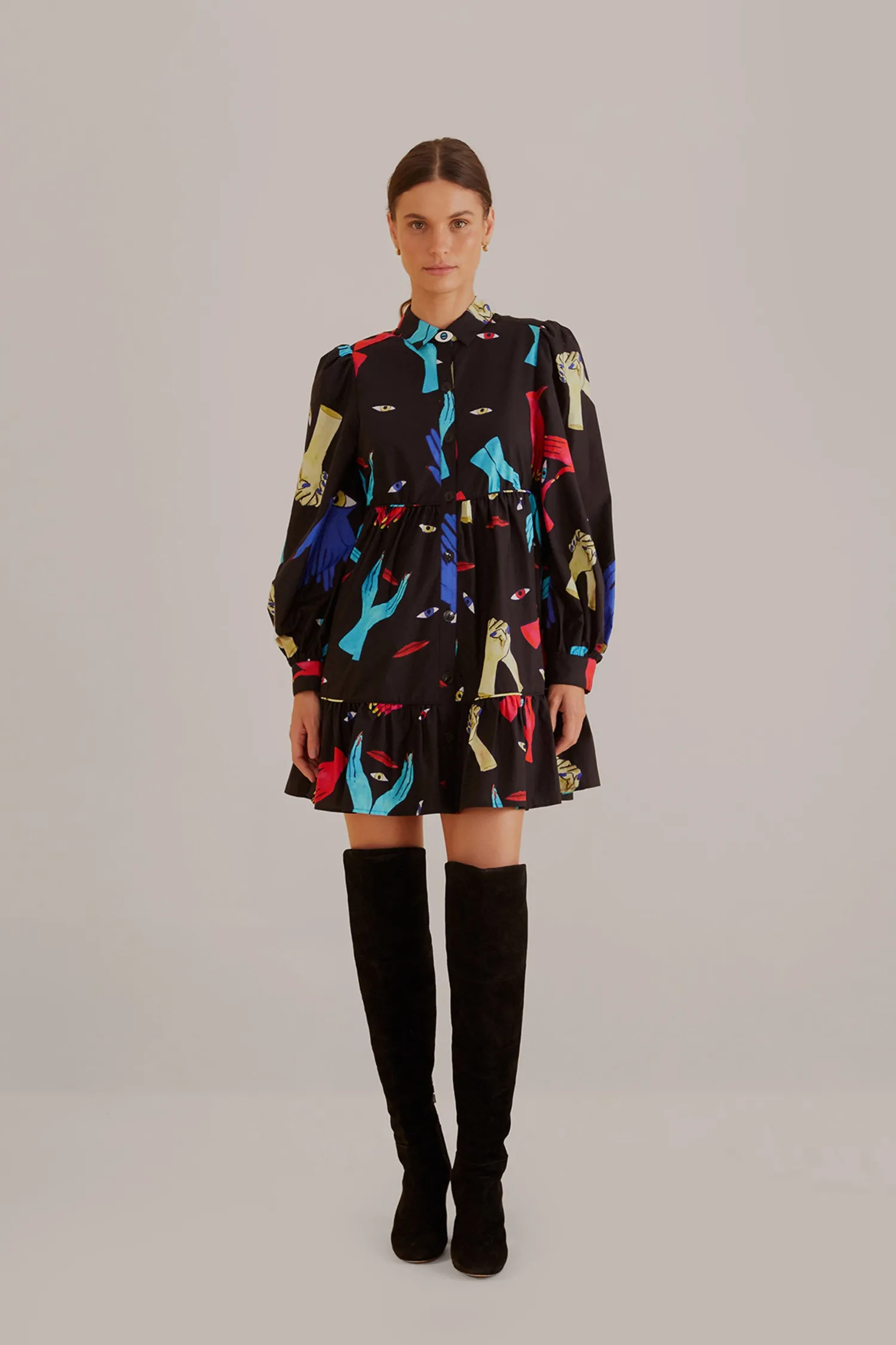 FARM Rio BLACK COLORFUL TOGETHER LONG SLEEVE MINI DRESS