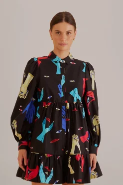 FARM Rio  BLACK COLORFUL TOGETHER  LONG SLEEVE MINI DRESS