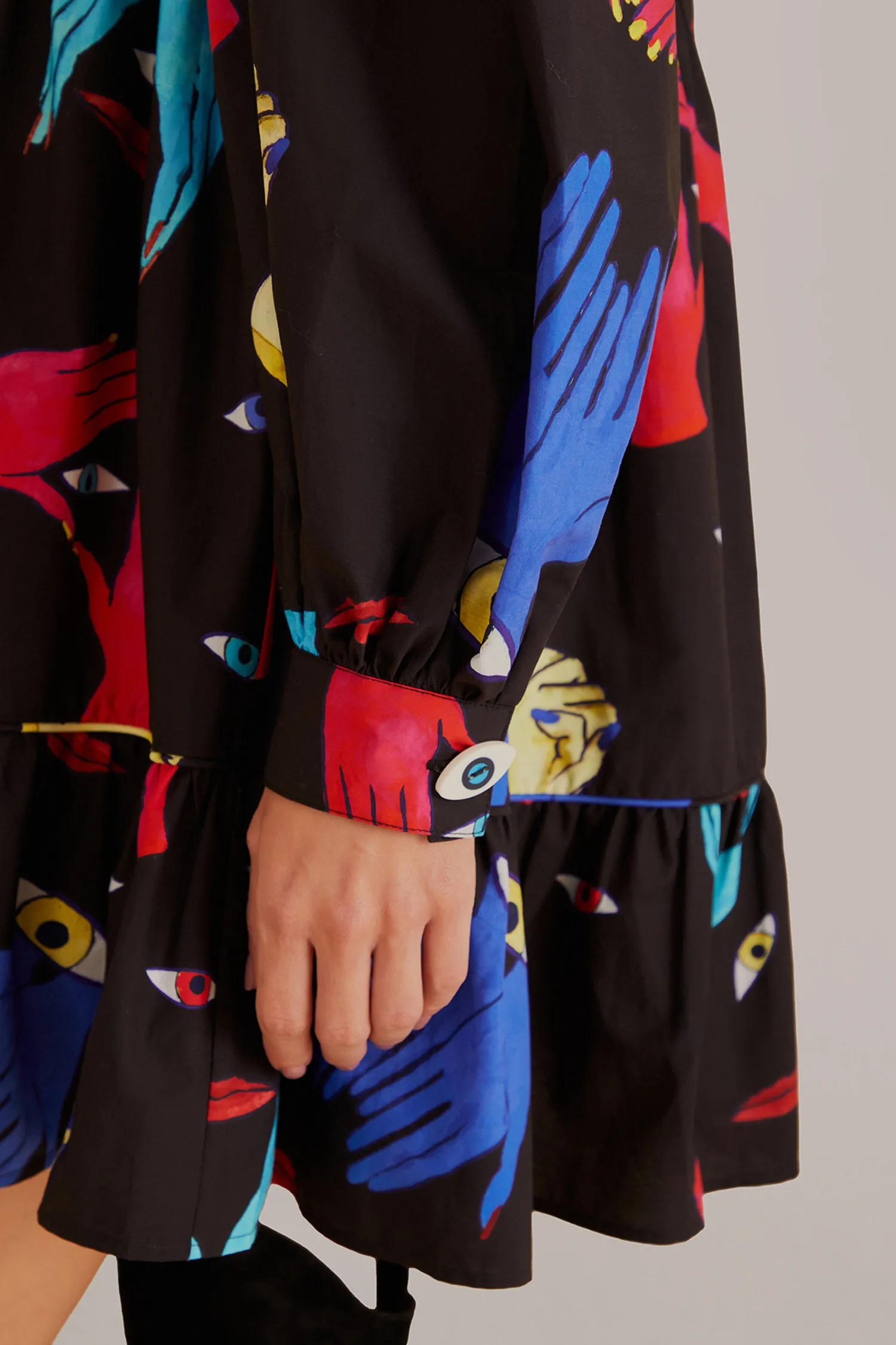 FARM Rio BLACK COLORFUL TOGETHER LONG SLEEVE MINI DRESS