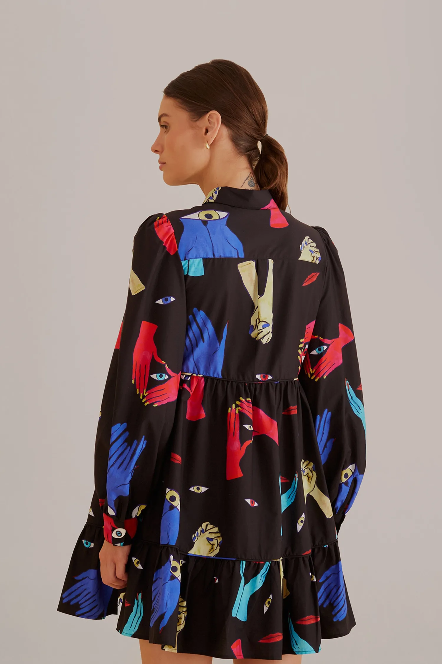 FARM Rio BLACK COLORFUL TOGETHER LONG SLEEVE MINI DRESS