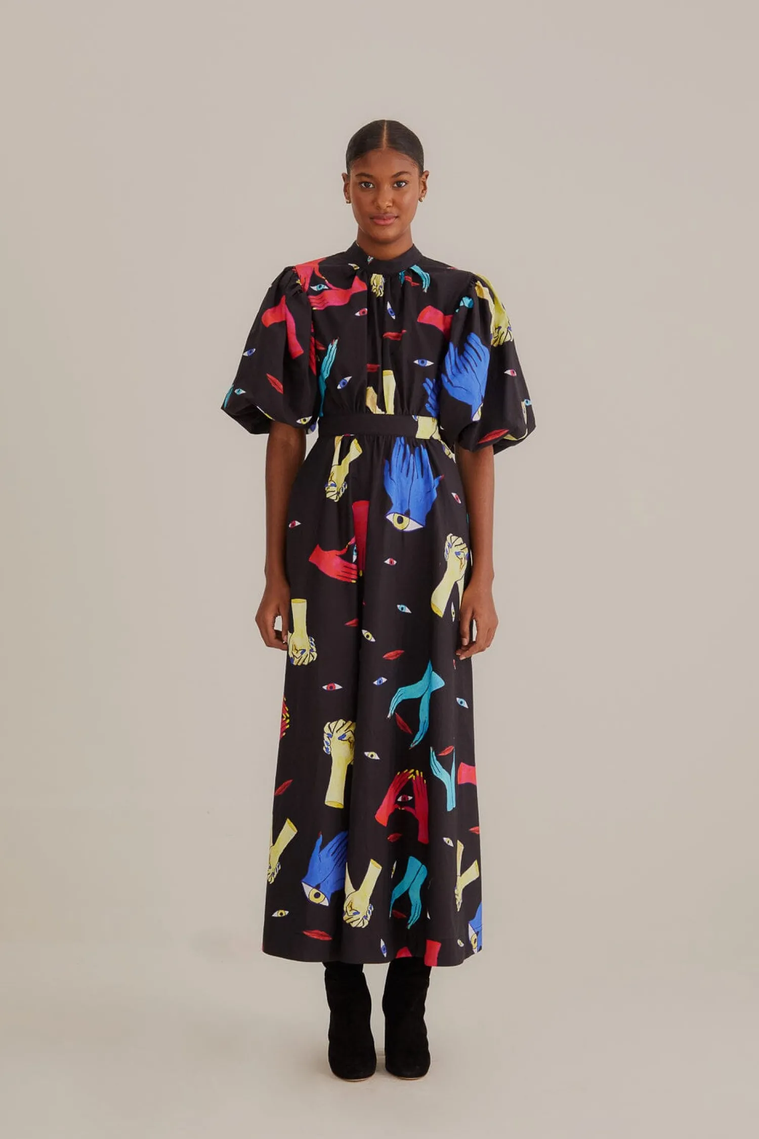 FARM Rio BLACK COLORFUL TOGETHER SHORT SLEEVE MIDI DRESS