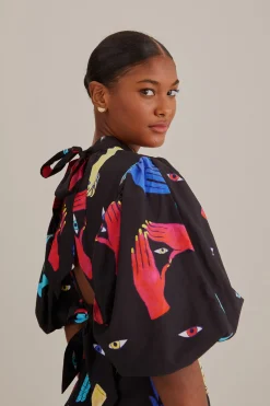 FARM Rio BLACK COLORFUL TOGETHER SHORT SLEEVE MIDI DRESS