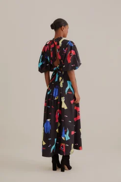 FARM Rio BLACK COLORFUL TOGETHER SHORT SLEEVE MIDI DRESS