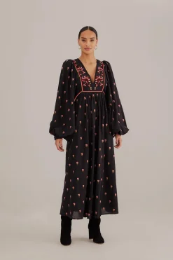 FARM Rio BLACK FLORAL EMBROIDERED V NECK MAXI DRESS
