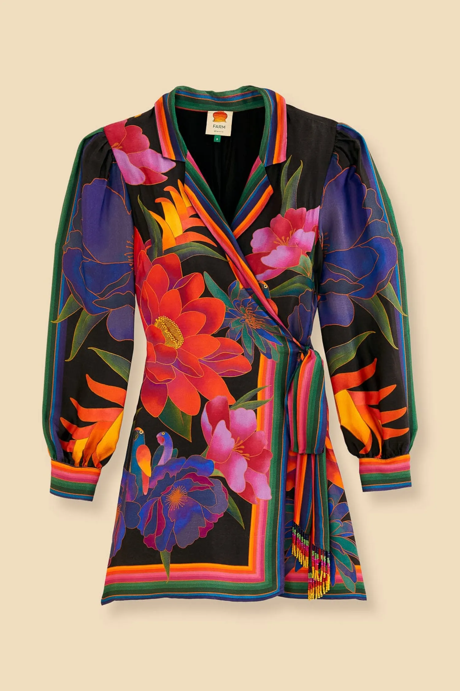 FARM Rio BLACK FLOWER SEASON SCARF MINI WRAP DRESS