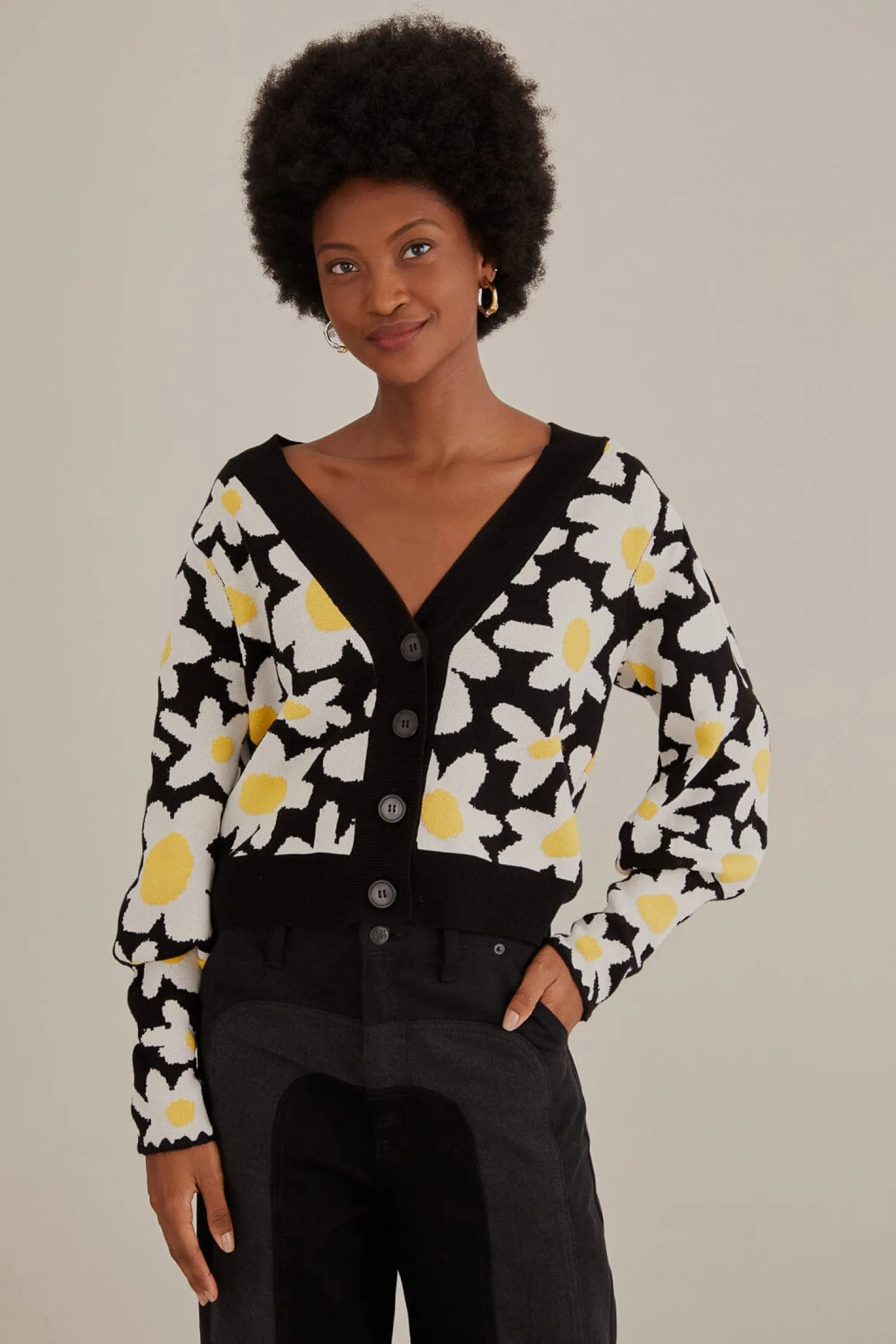 FARM Rio BLACK FLOWERS KNIT CARDIGAN
