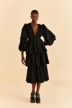 FARM Rio BLACK FLOWERS TEXTURED TIERED MIDI DRESS