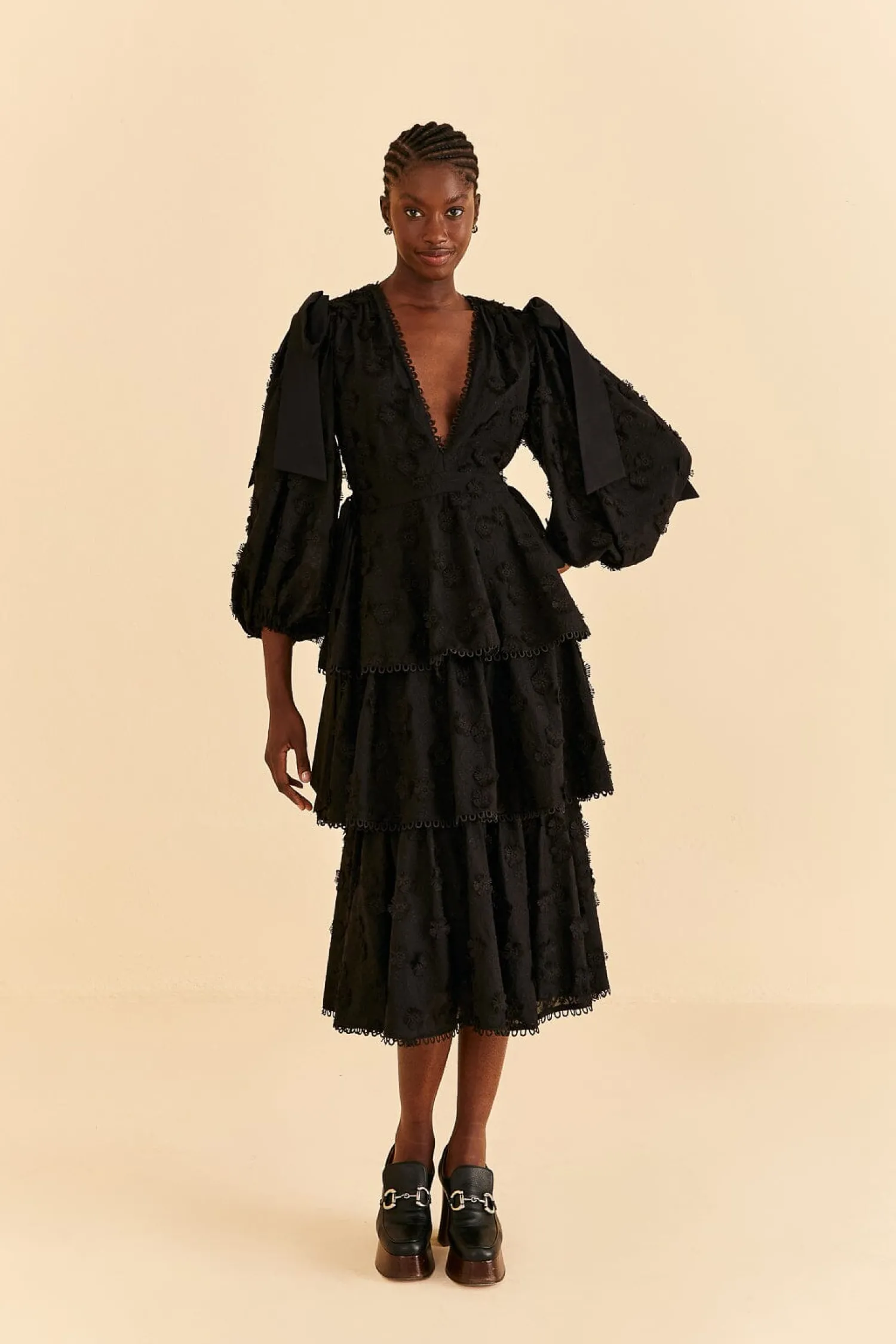 FARM Rio BLACK FLOWERS TEXTURED TIERED MIDI DRESS
