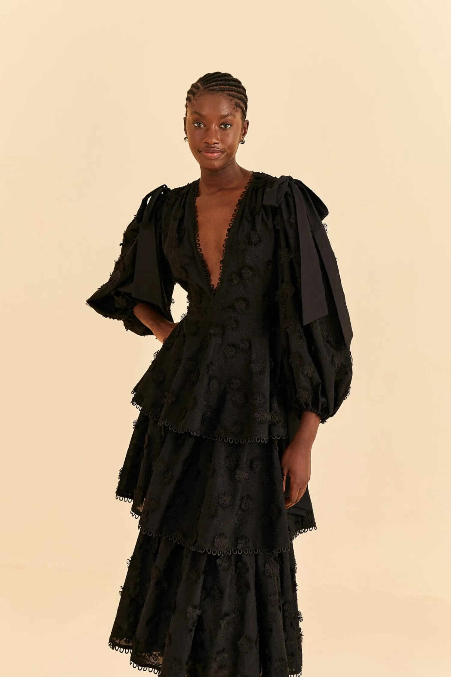 FARM Rio BLACK FLOWERS TEXTURED TIERED MIDI DRESS