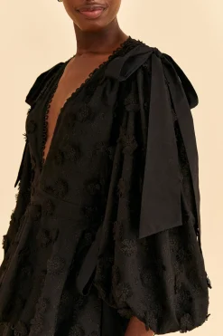 FARM Rio BLACK FLOWERS TEXTURED TIERED MIDI DRESS