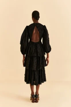 FARM Rio BLACK FLOWERS TEXTURED TIERED MIDI DRESS